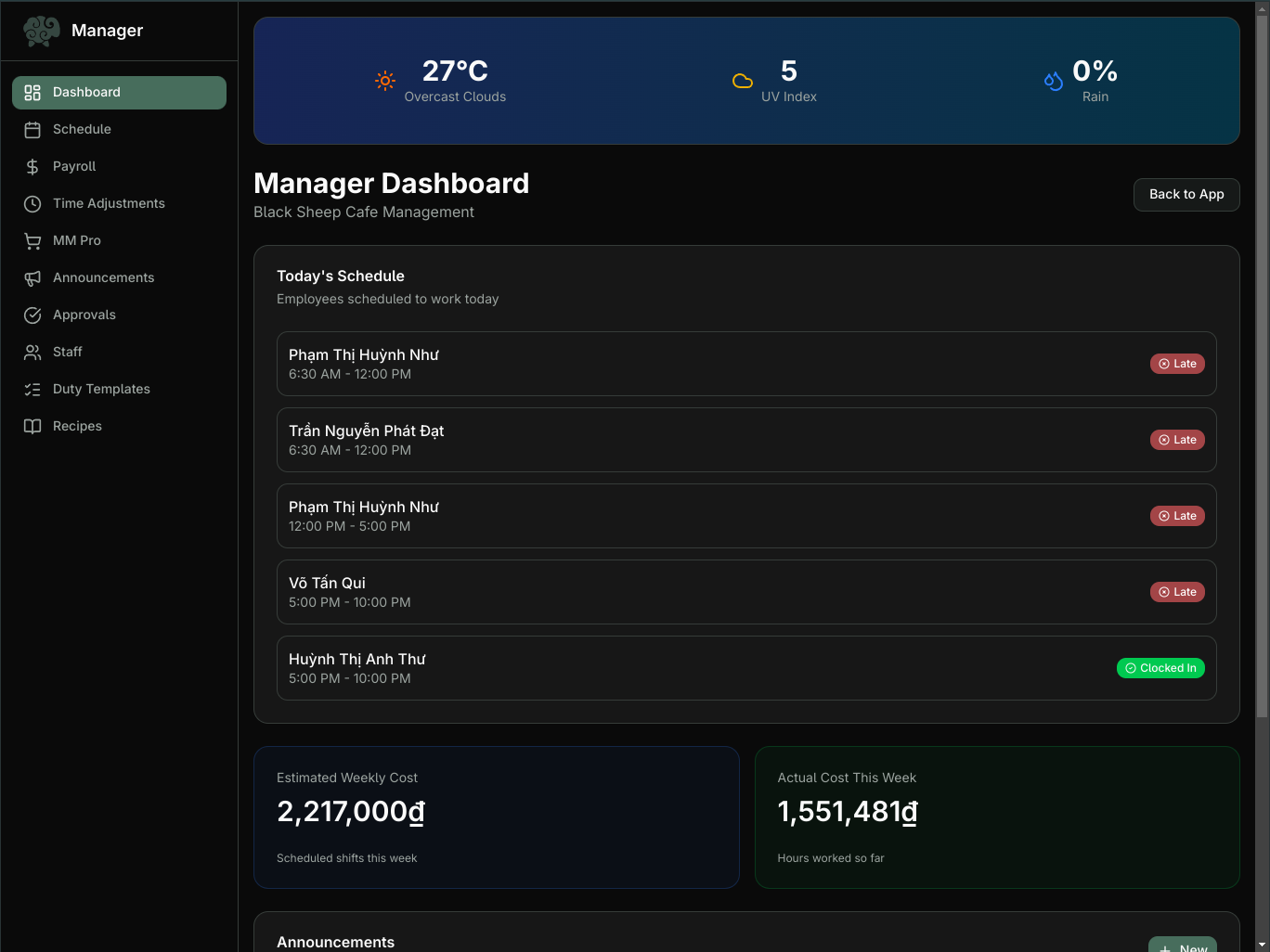 Real-time manager dashboard with schedule and costs