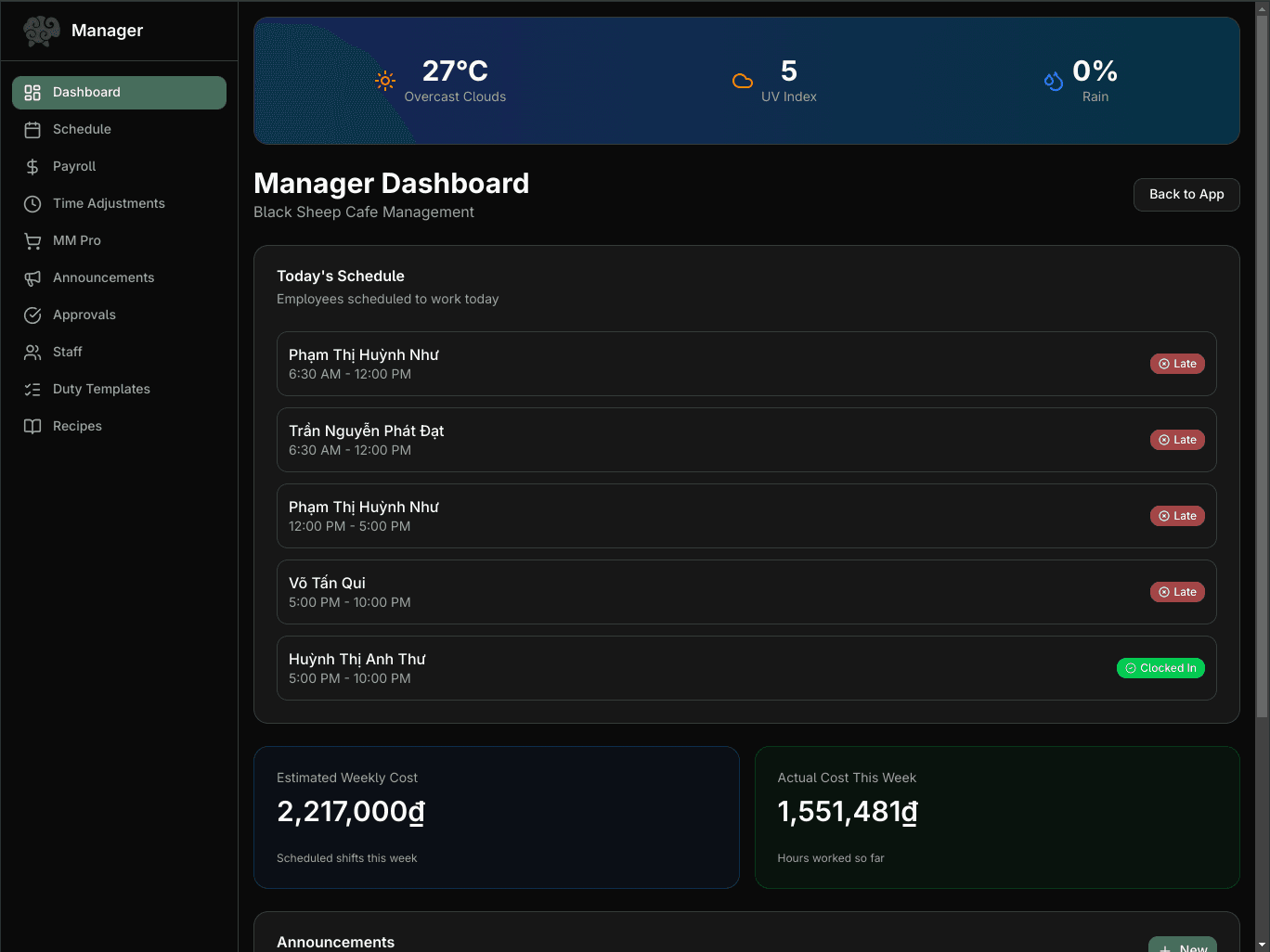 Real-time manager dashboard with schedule and costs