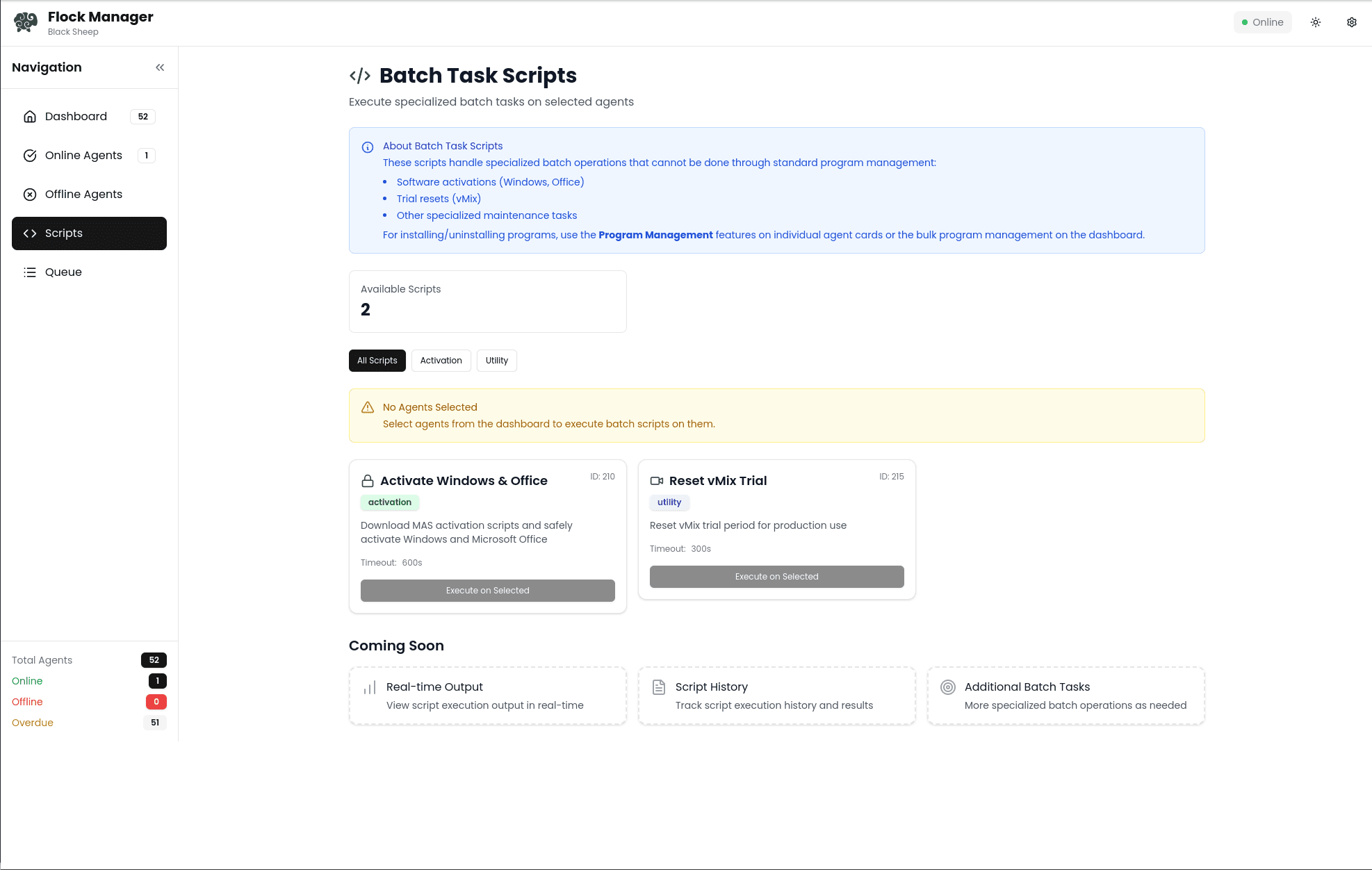 Flock Manager — batch script execution across all workstations