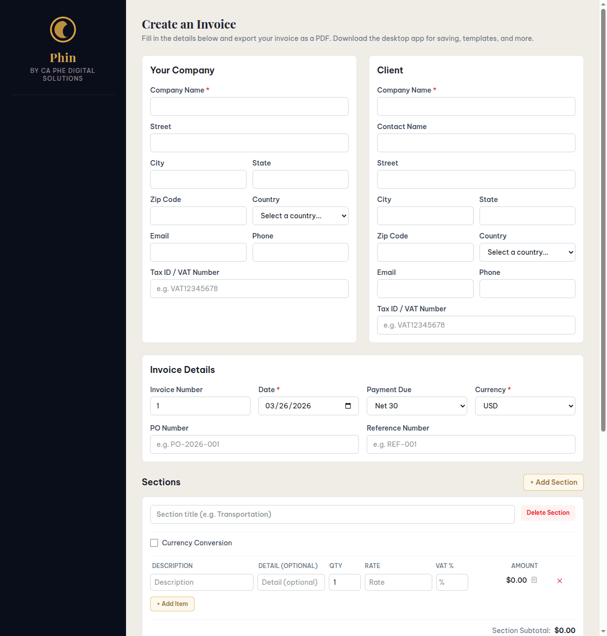 Phin Invoice Builder — browser-based PDF invoicing